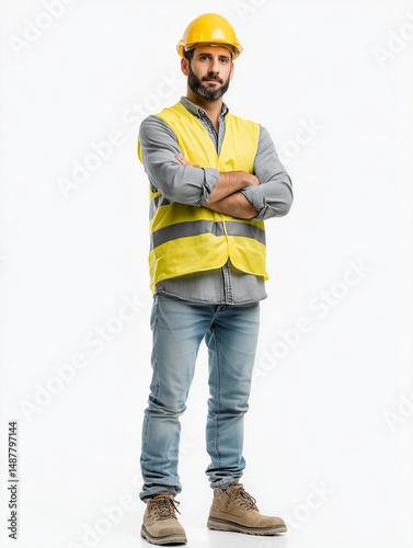  Male engineer with helmet and vest isolated on white studio background.
