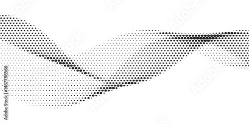 Flowing dots particles wave pattern halftone gradient curve shape isolated on white background. Vector in concept of technology, science, music, modern background Ilustration eps 10