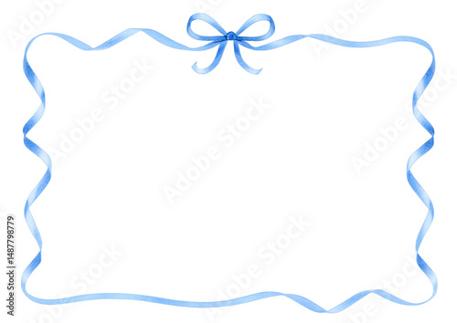 Watercolor blue ribbon frame with bow on a transparent background.