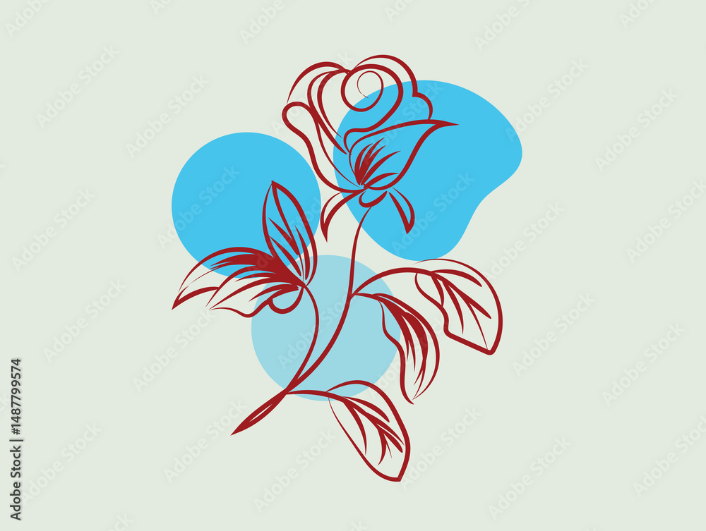 Fototapeta premium Elegant Red Line Art Rose with Blue Abstract Background
