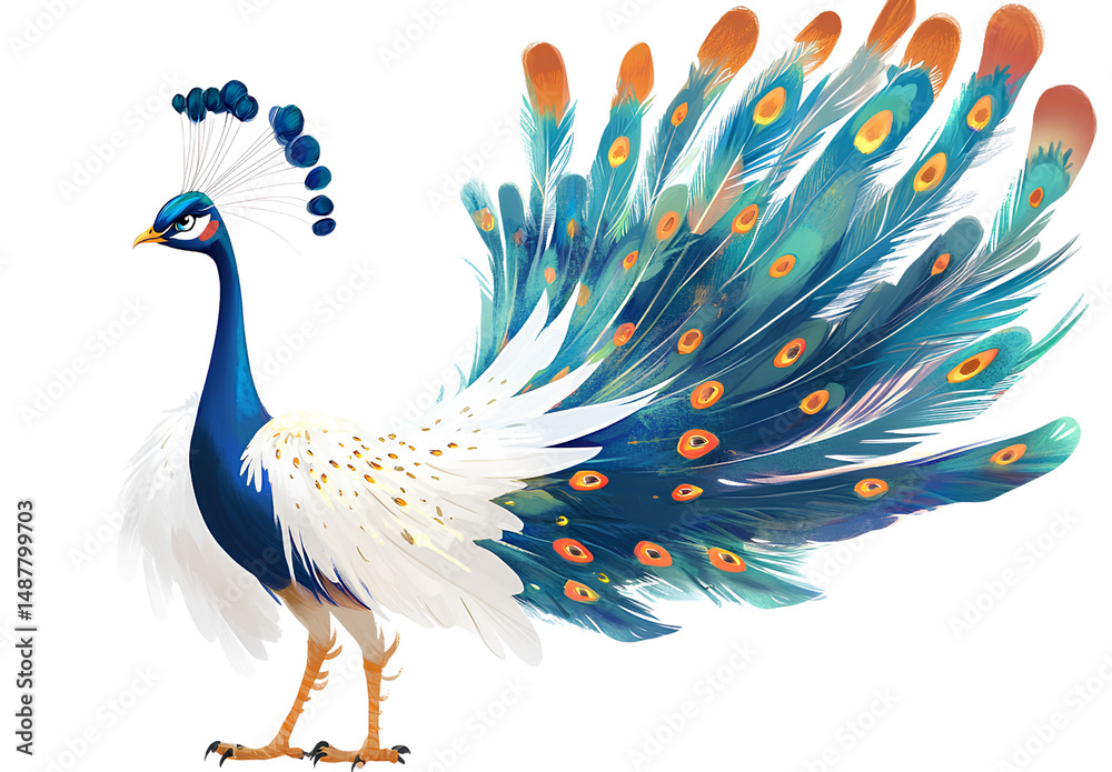 Fototapeta premium Beautiful peacock with open tail, isolated on a transparent background.