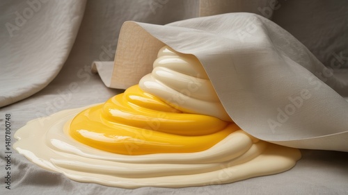 Dollop of yellow cream on textured white fabric with clean background