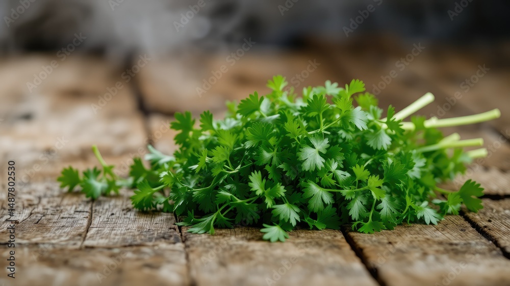 Cilantro on Wooden Surface, Culinary Photography, Misty Effect Cilantro on Wooden Surface, Culinary Photography, Misty Effect