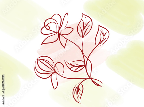 Elegant Red Line Art Flowers on Watercolor Background