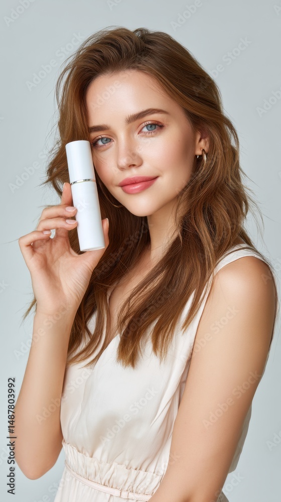 Young Woman with Long Red Hair Holding Skincare Product Against Light Gray Background Young Woman with Long Red Hair Holding Skincare Product Against Light Gray Background