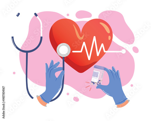 Hand wearing glove holding heartbeat, medical service, heart beat pulse check up service vector illustration.