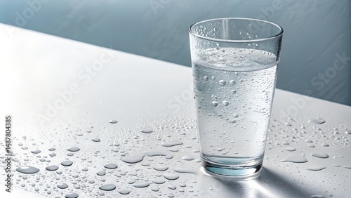A clear glass of water with condensation sits on a smooth surface, surrounded by scattered water droplets.