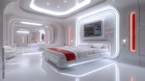 Futuristic hospital room interior featuring sleek white lines, advanced medical technology, and inviting design elements for patient comfort
