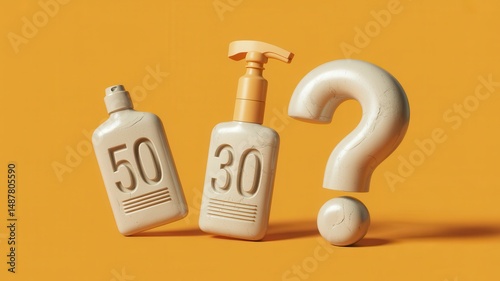 Sunscreen and cream bottle on yellow background with playful question mark