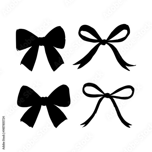 Set of simple decorative holiday ribbon bows isolated on white background. Bow silhouette hand drown