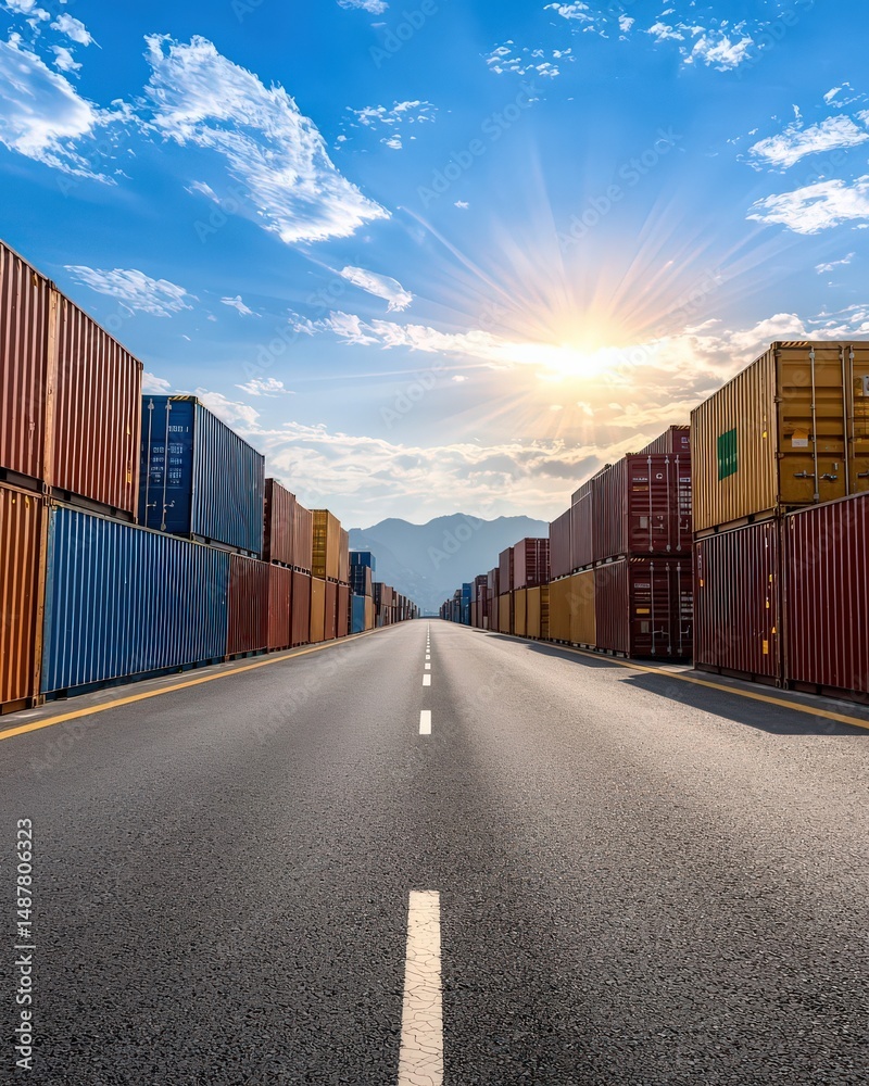 Fototapeta premium Road flanked by shipping containers under a bright sky at sunset.