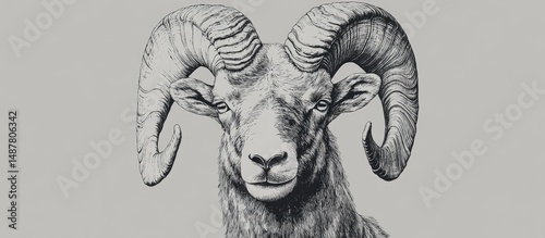 Monochrome illustration of a majestic ram's head and large horns.