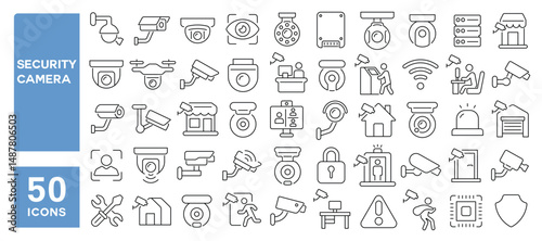Set of 50 line icons related to security camera, surveillance, protection, observation, monitoring, cctv, Editable stroke. Vector illustration