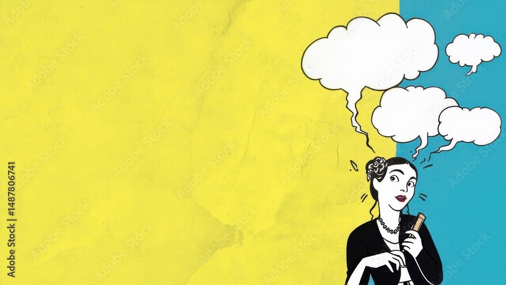 Fototapeta premium Collage: illustration of thinking woman with thought bubbles. Ideas and contemplation.