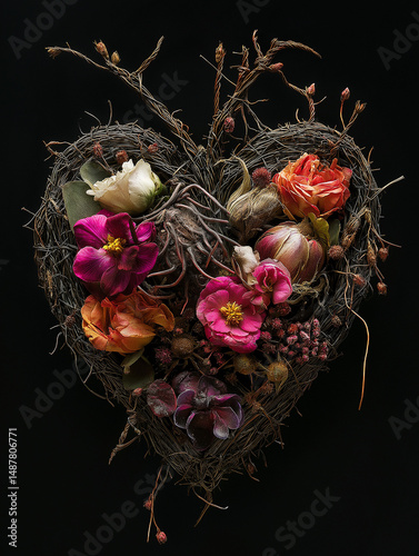 Heart-shaped wire art composed of wild flowers and thorns on black background, detailed photography capturing intricate textures and natural contrast.
