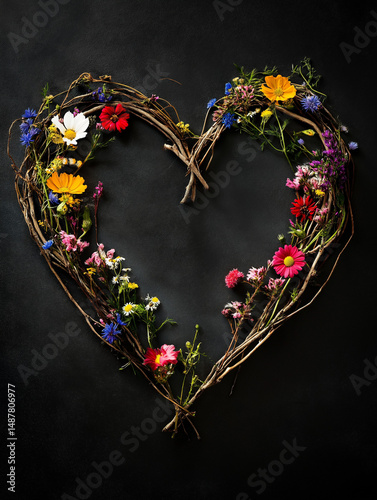 Heart made of wild flowers and twigs centered on black background, hyper-realistic photography style, vibrant natural textures with detailed floral elements, dramatic contrast and organic composition.