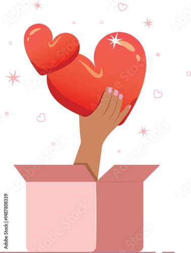 vector illustration of a woman holding a heart with gift box. Hands holding hearts banner, Give and share your love to people.
