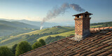 Brick shingled old chimney on the roof of nature environment landscape with sky, greenery view.