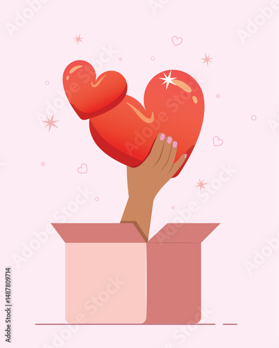 vector illustration of a woman holding a heart with gift box. Hands holding hearts banner, Give and share your love to people.