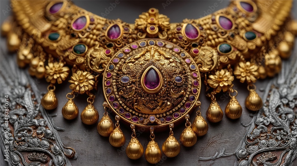 Obraz premium Goddess lakshmi adorned in traditional saree and jewelry cultural celebration close-up festive atmosphere