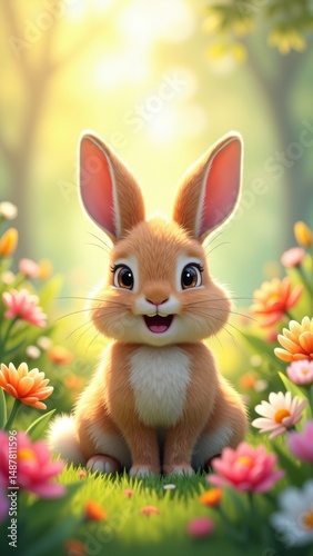 Cute cartoon rabbit sitting in grassy field with flowers around it