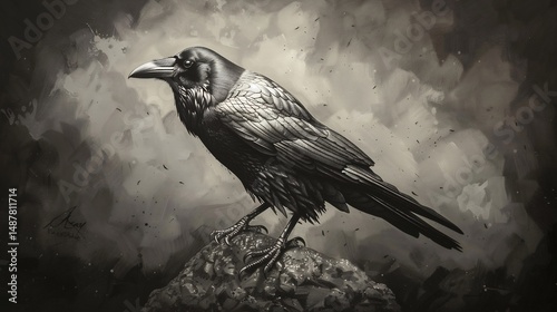 A realistic crow drawing with highly detailed feathers capturing the intelligence and mystery of this majestic bird in a stunning art piece overlay cut out on isolated transparent removed background