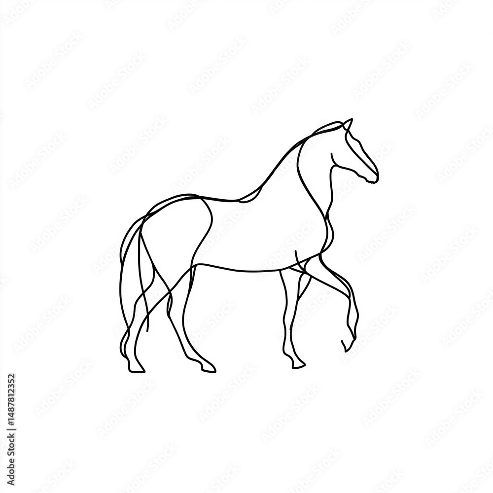 Obraz premium Minimalist pony outline created with single continuous line, 0.5px stroke weight, negative space design on pure white background, ideal for logo