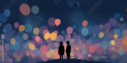 Silhouettes of two figures amidst a vibrant balloon display.