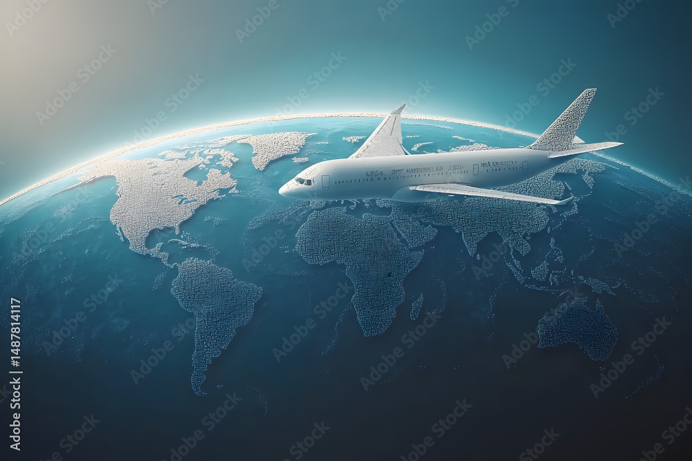 Fototapeta premium A jet aircraft flies around the world globe on a business transport flight path illustration
