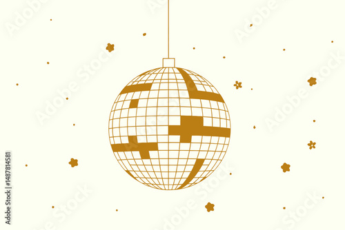 Hand drawn minimalist line art illustration of disco ball. Decorative element for party. Glittering and shinning disco Outline doodle drawing of 70s symbol. Vector graphic illustration