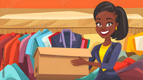 Woman Smiling with Box Among Colorful Clothes in Busy Boutique