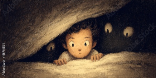 Child hiding under blanket with shadowy figure.