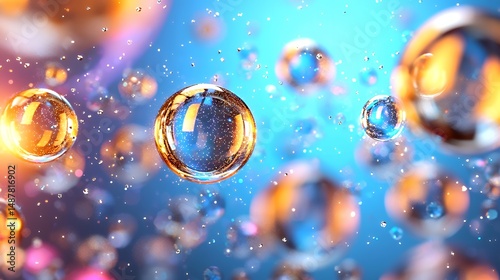 Floating Clear Orb with Golden Reflection on Blue Background