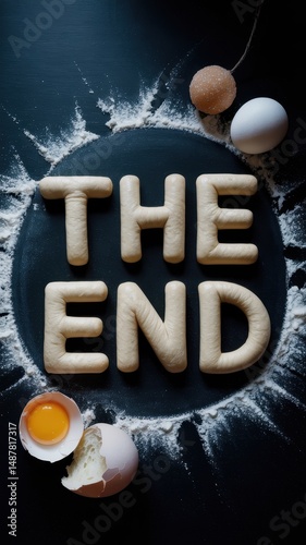 Whimsical food scene with THE END text and cookies on dark backdrop