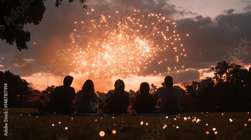 Families and friends sitting on blankets watching a breathtaking firework display light up the sky