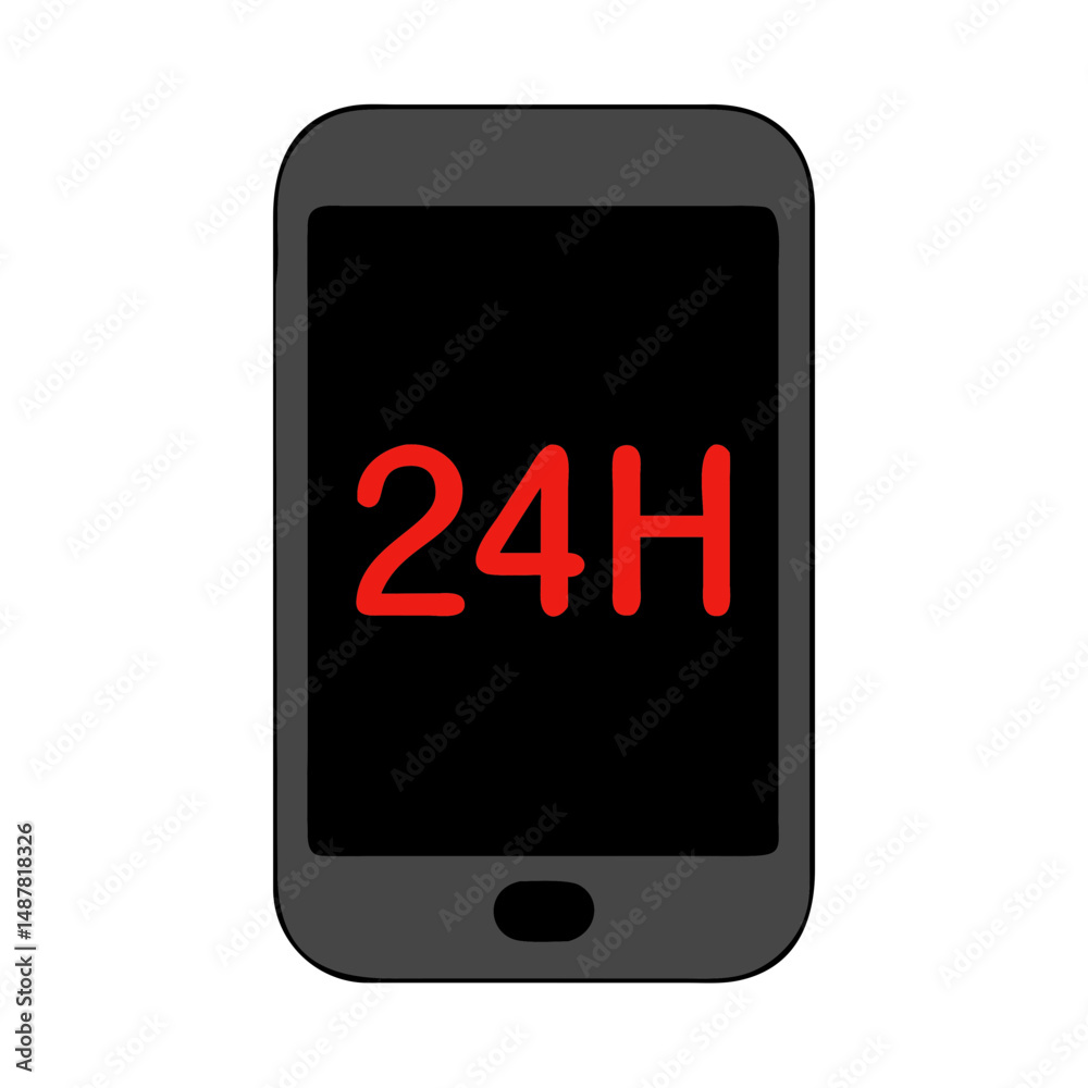 Smartphone with red 24H text icon in flat dark style Smartphone with red 24H text icon in flat dark style