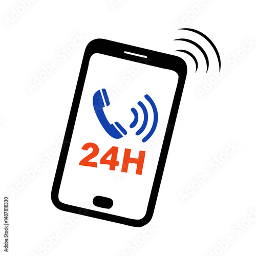 Smartphone ringing with 24h call icon in flat style