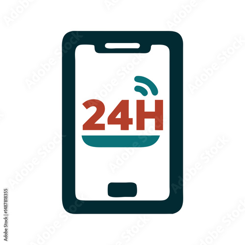 Smartphone with red 24H text and signal waves in flat design