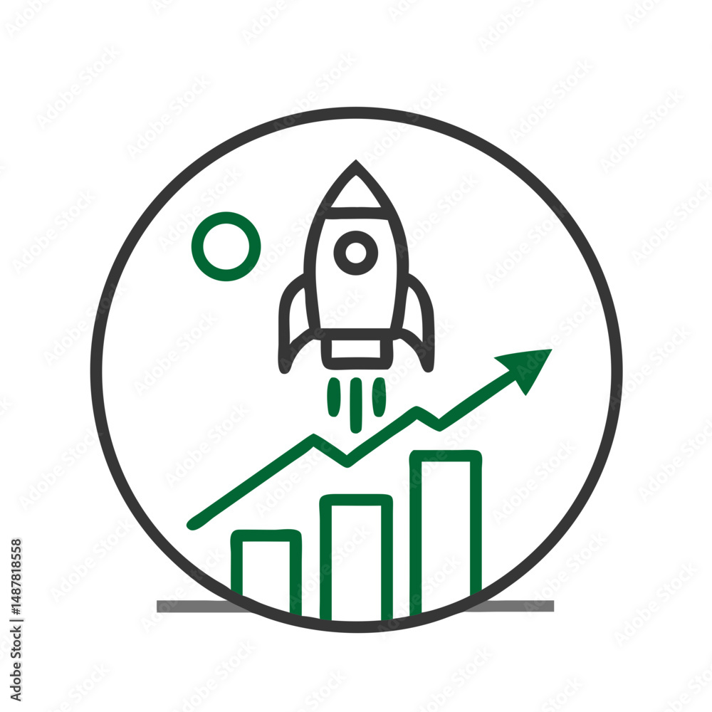 Rocket rising above financial bar chart in business icon style Rocket rising above financial bar chart in business icon style