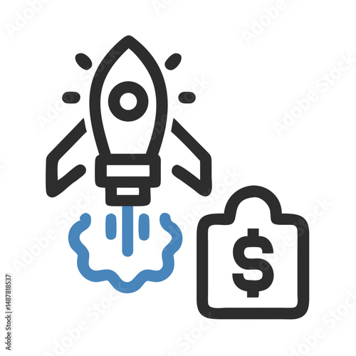 Startup rocket lifting with dollar document icon in flat style