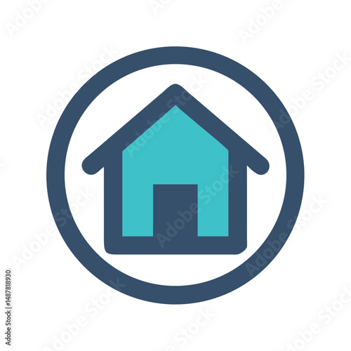 Blue house inside circular border in simplified icon style