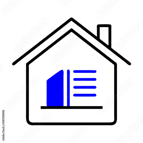 House with vertical blue panel and document lines