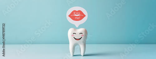 Smiling Tooth Model with Kiss Me Speech Bubble, Playful Dental Concept for Valentine's Day Marketing