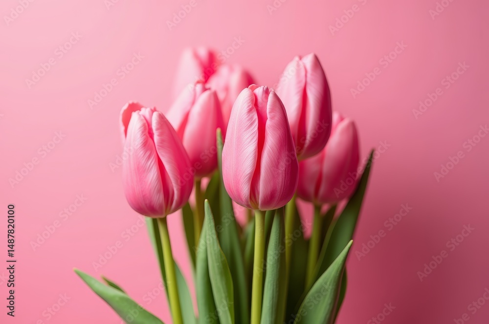 Fototapeta premium A bouquet of pink tulips on a pink background