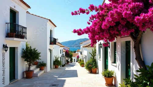Vibrant bougainvillea cascading over whitewashed Andalusian buildings , balcony, architecture