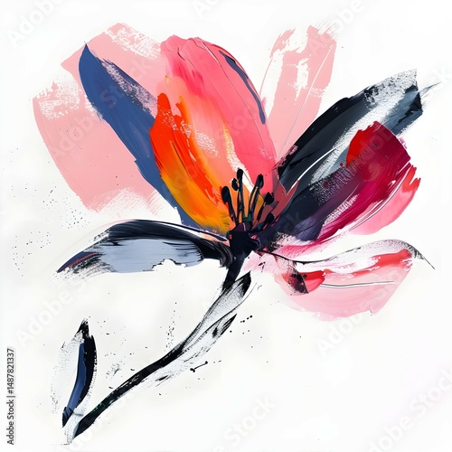 Minimal Abstract Flower with Bold Brushstrokes on White Background - Elegant Modern Floral Design.
