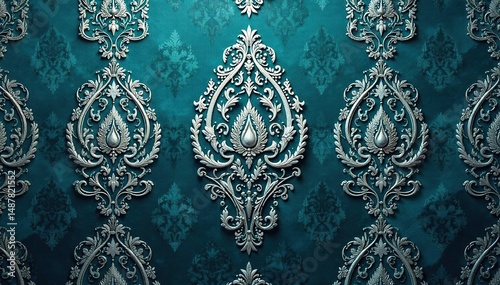 Intricate paisley damask pattern in deep teal and silver , art, background