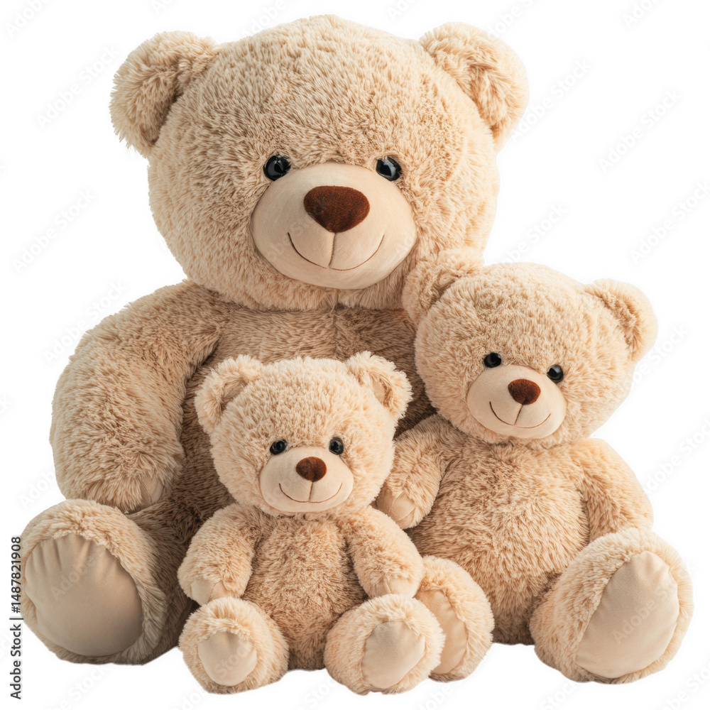 Fototapeta premium Teddy Bear Family: A trio of cuddly teddy bears, each in a different size, sit together in a loving embrace, showcasing the warmth and comfort of family.