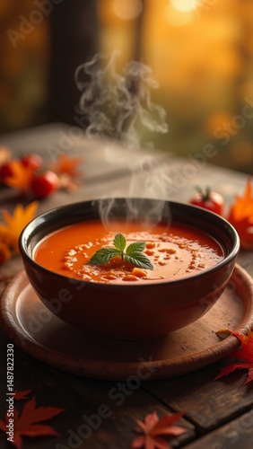 Steaming bowl of tomato soup on wooden table with fall leaves