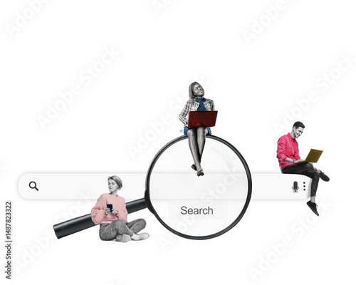 Art collage. A team of young woman and man with a laptops is sitting on a big magnifying glass. Isolated free png background. Searching for information on the internet concept.